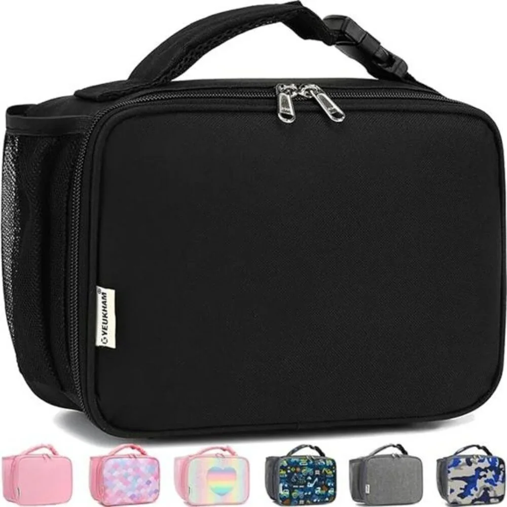 Black Insulated Lunch Box Bag for Kids Adults School Work Picnic Travel Cooler